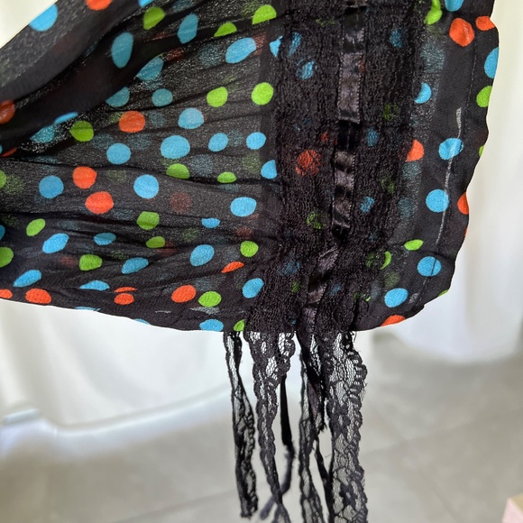Women’s Blouse Colorful Polka Dot & Floral Print with Lace & Ribbon Accent - Picture 6 of 10